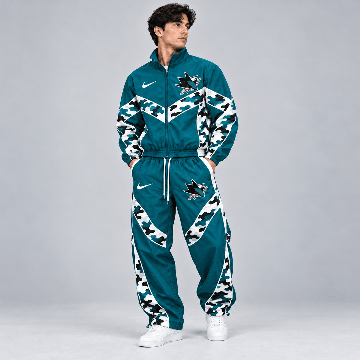 San Jose Sharks | Premium NHL Urban Camo Chevron Full Zip Windbreaker Jacket and Matching Jogger Pants Tracksuit Set NDN cover