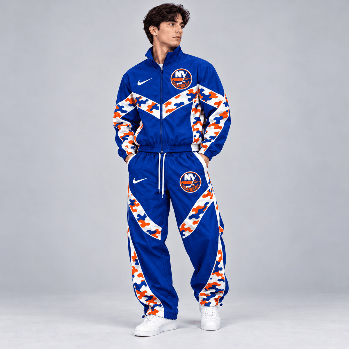 New York Islanders | Premium NHL Urban Camo Chevron Full Zip Windbreaker Jacket and Matching Jogger Pants Tracksuit Set NDN cover