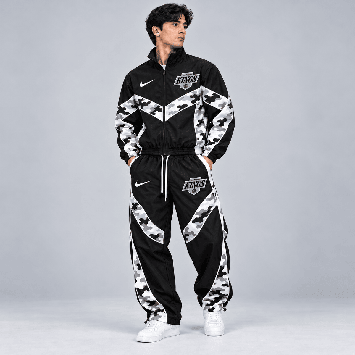 Los Angeles Kings | Premium NHL Urban Camo Chevron Full Zip Windbreaker Jacket and Matching Jogger Pants Tracksuit Set NDN cover