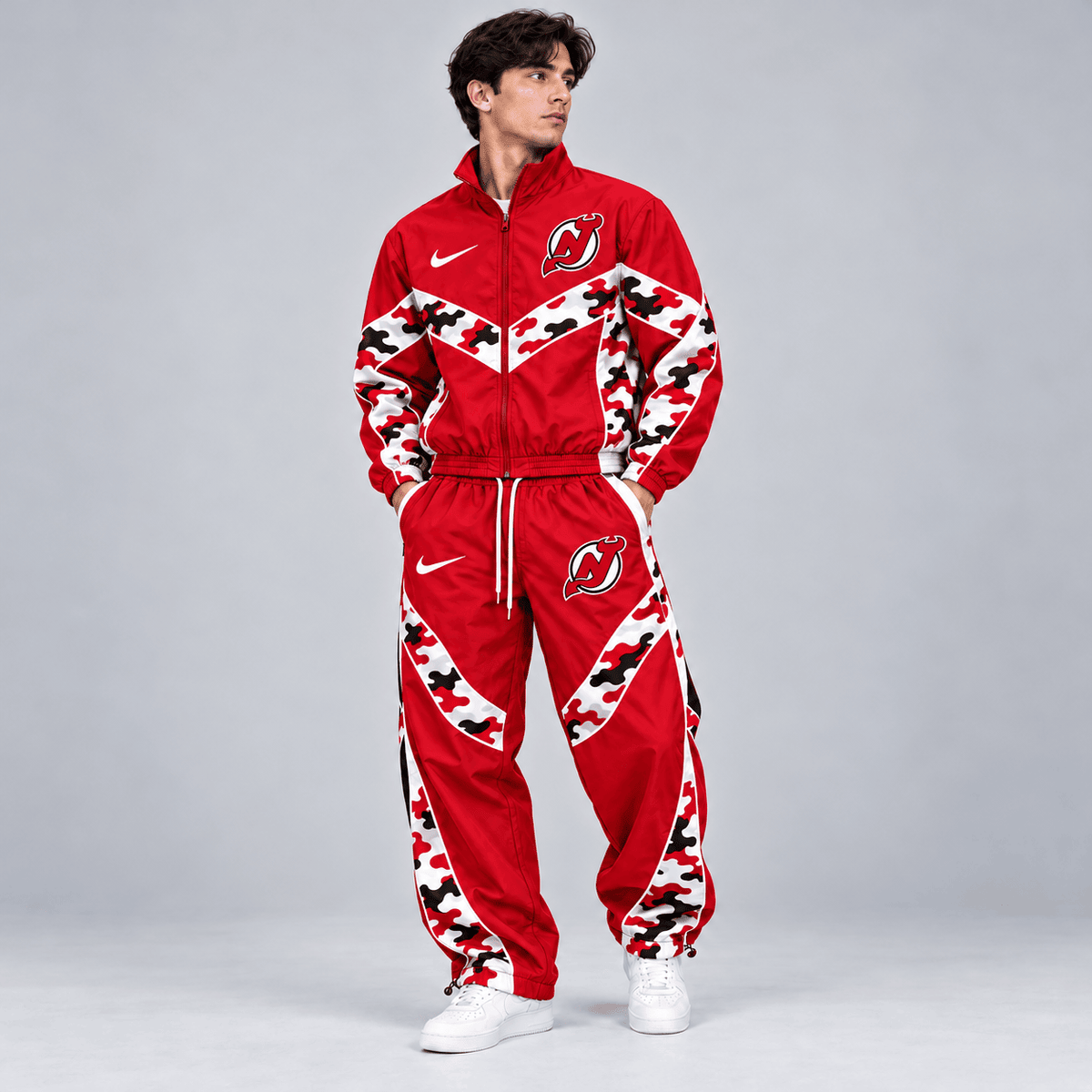 New Jersey Devils | Premium NHL Urban Camo Chevron Full Zip Windbreaker Jacket and Matching Jogger Pants Tracksuit Set NDN cover