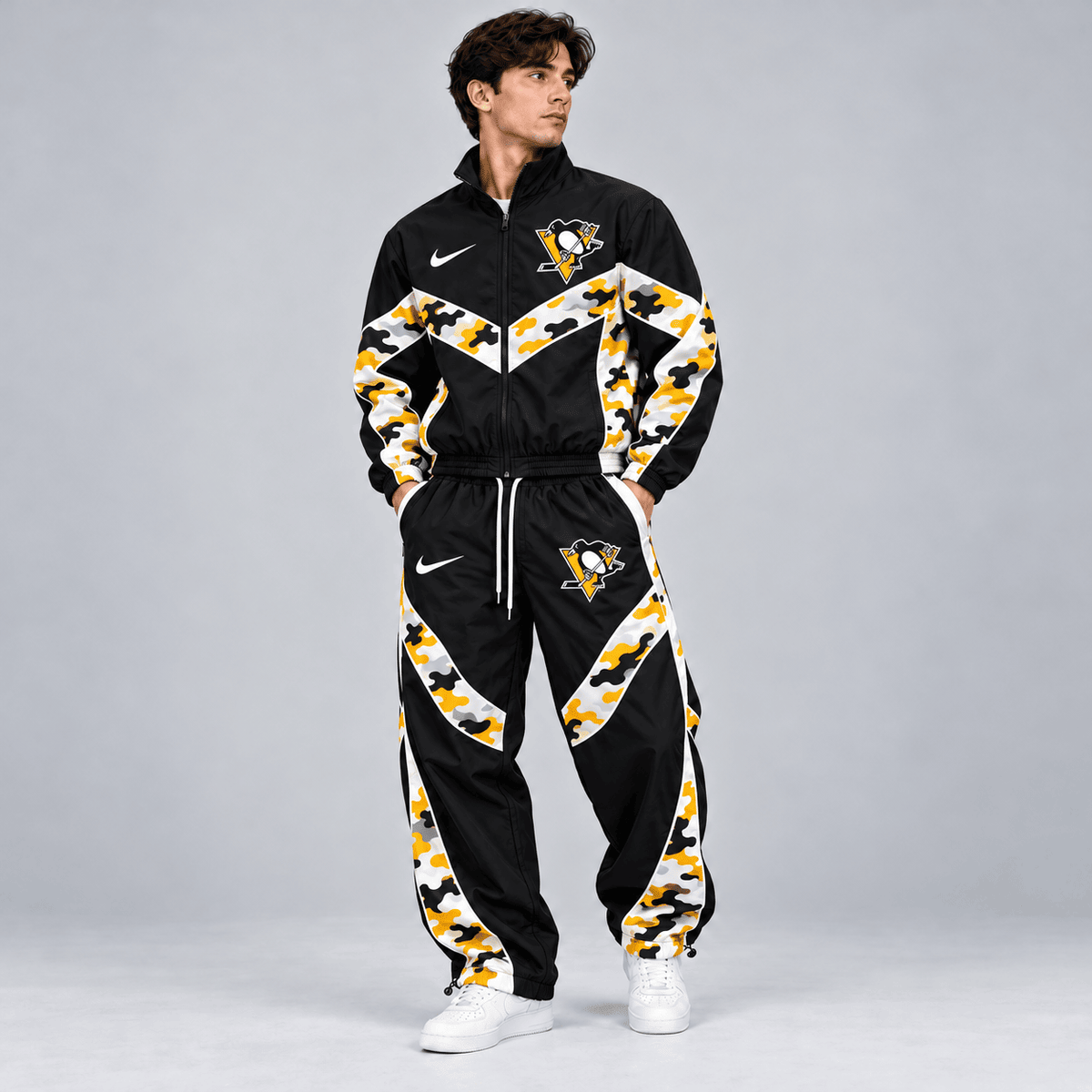 Pittsburgh Penguins | Premium NHL Urban Camo Chevron Full Zip Windbreaker Jacket and Matching Jogger Pants Tracksuit Set NDN cover