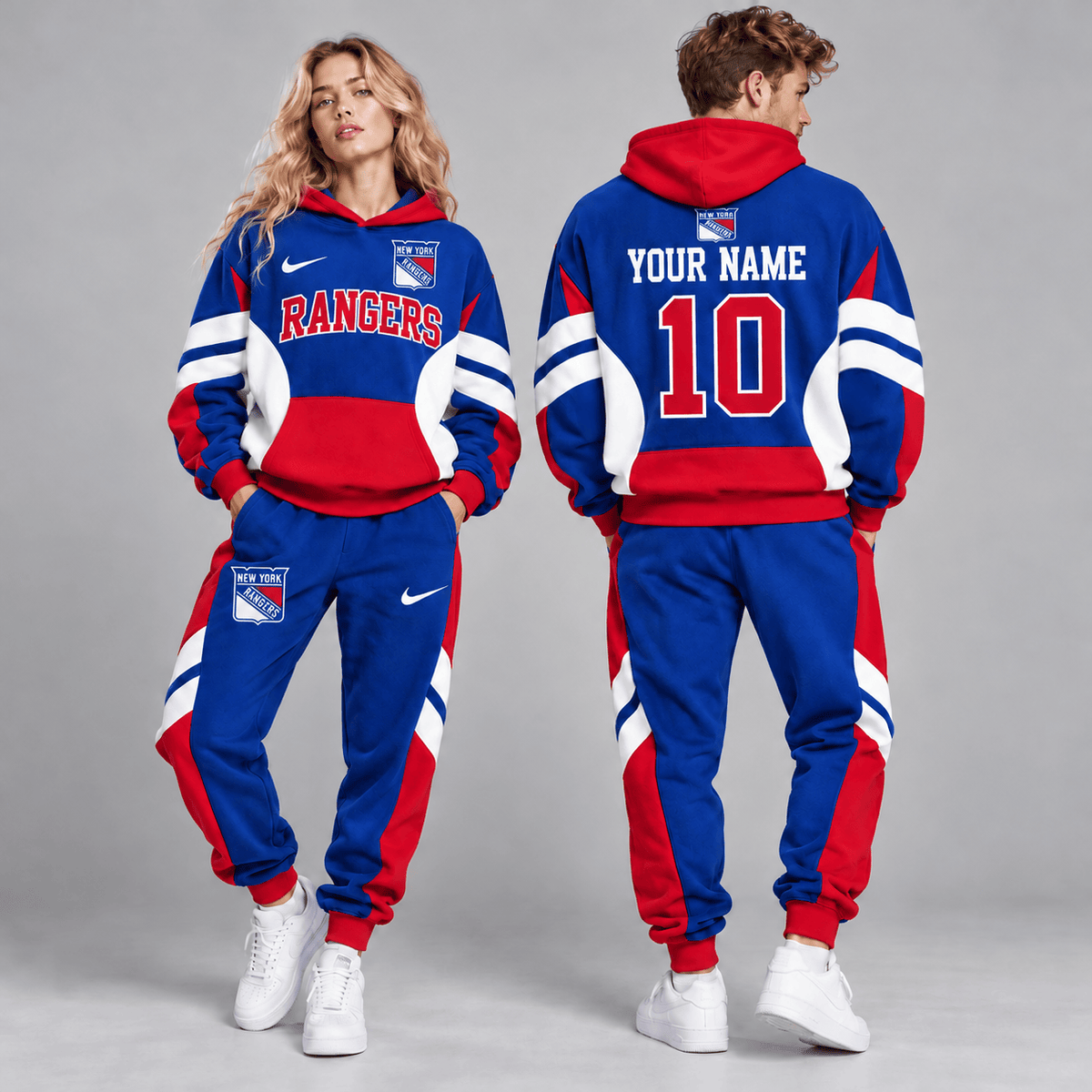 New York Rangers | Premium NHL Varsity Colorblock Pullover Hoodie and Matching Jogger Pants Set with Custom Name and Number NDN cover