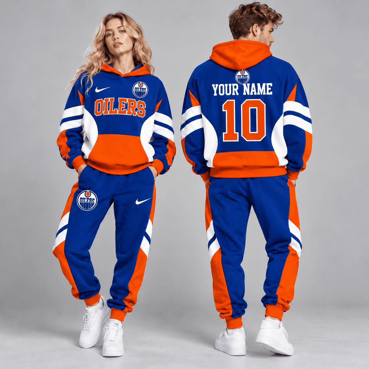 Edmonton Oilers | Premium NHL Varsity Colorblock Pullover Hoodie and Matching Jogger Pants Set with Custom Name and Number NDN cover