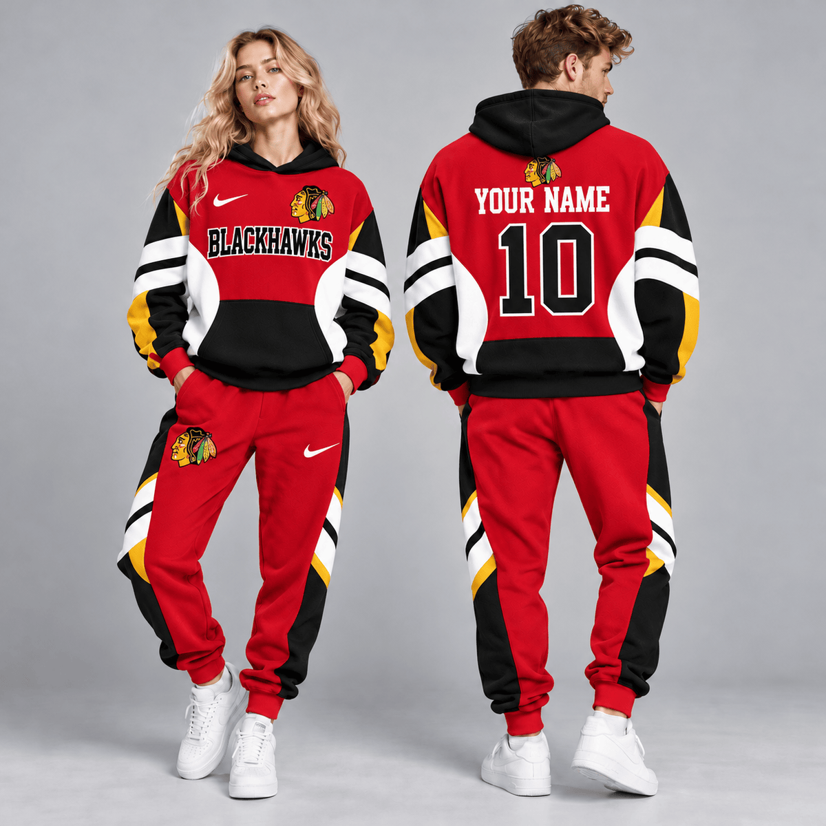 Chicago Blackhawks | Premium NHL Varsity Colorblock Pullover Hoodie and Matching Jogger Pants Set with Custom Name and Number NDN cover