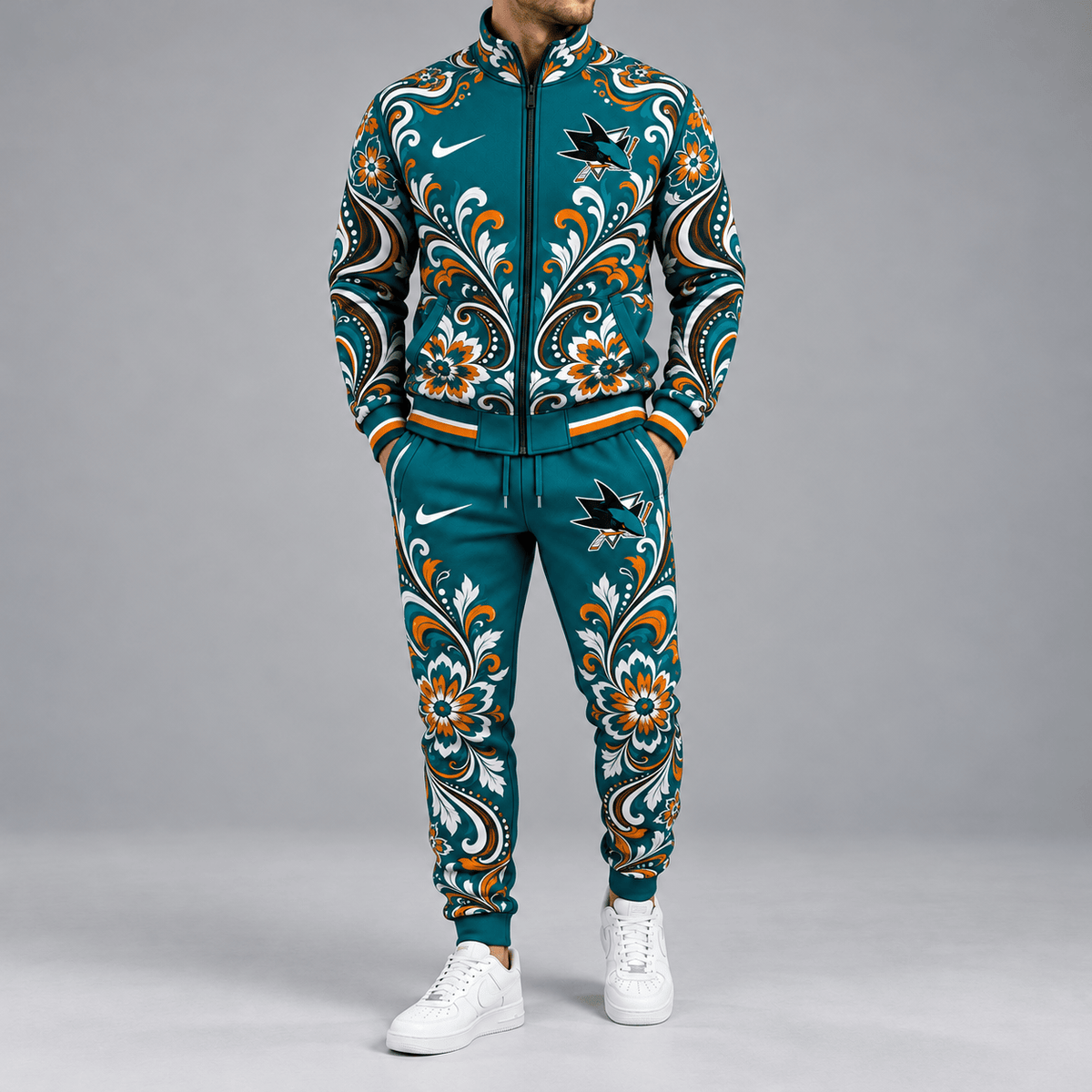 San Jose Sharks | Premium NHL Royal Floral Paisley Full Zip Track Jacket and Matching Jogger Pants Set NDN cover