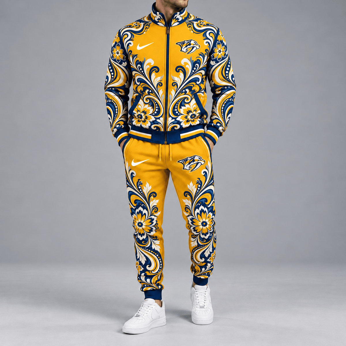 Nashville Predators | Premium NHL Royal Floral Paisley Full Zip Track Jacket and Matching Jogger Pants Set NDN cover