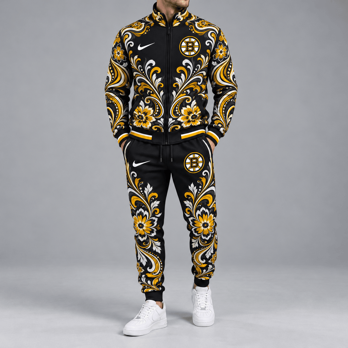 Boston Bruins | Premium NHL Royal Floral Paisley Full Zip Track Jacket and Matching Jogger Pants Set NDN cover