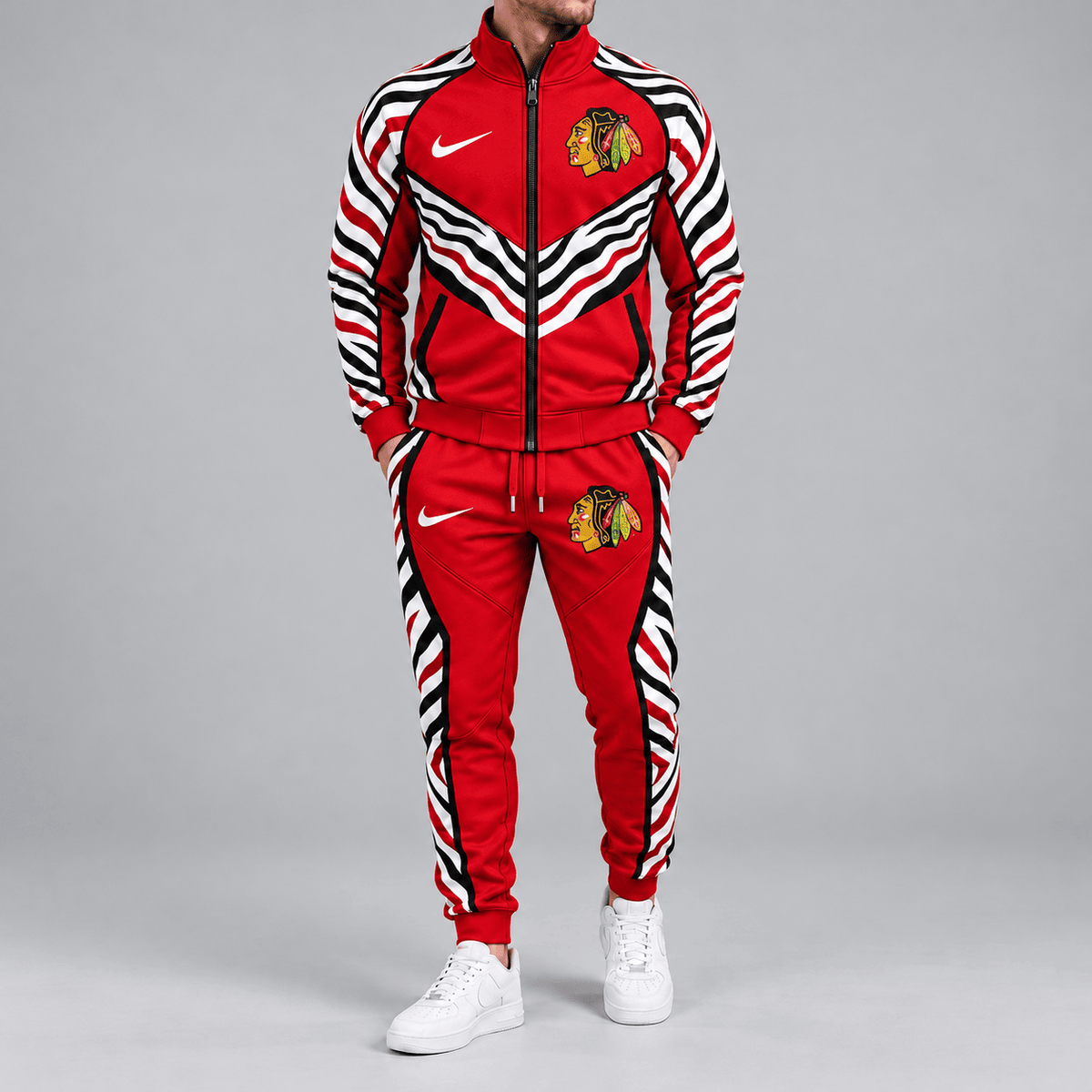 Chicago Blackhawks | Premium NHL Bold Zebra Stripe Full Zip Track Jacket and Matching Jogger Pants Set NDN cover