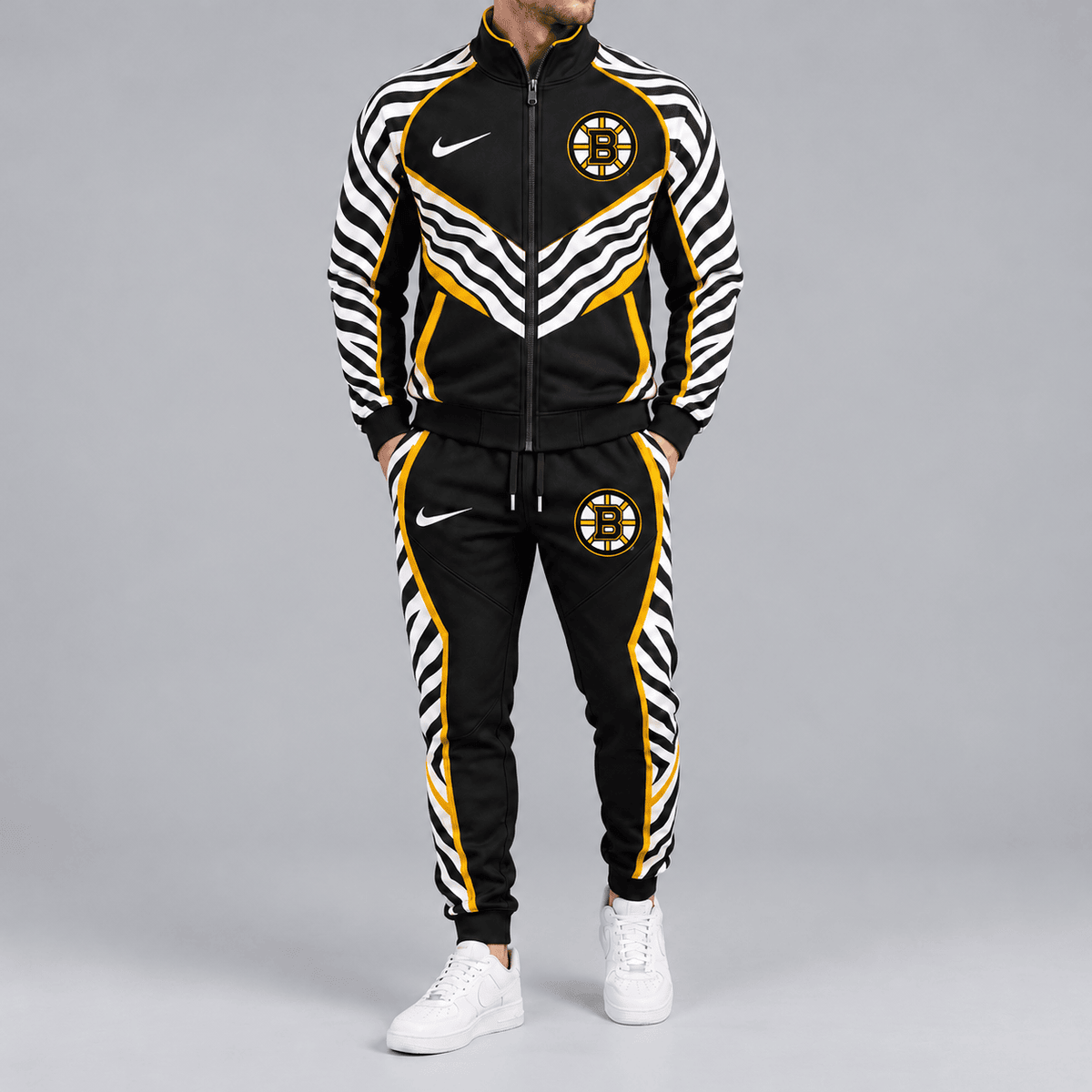 Boston Bruins | Premium NHL Bold Zebra Stripe Full Zip Track Jacket and Matching Jogger Pants Set NDN cover