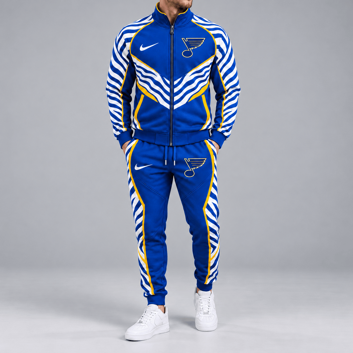 St. Louis Blues | Premium NHL Bold Zebra Stripe Full Zip Track Jacket and Matching Jogger Pants Set NDN cover