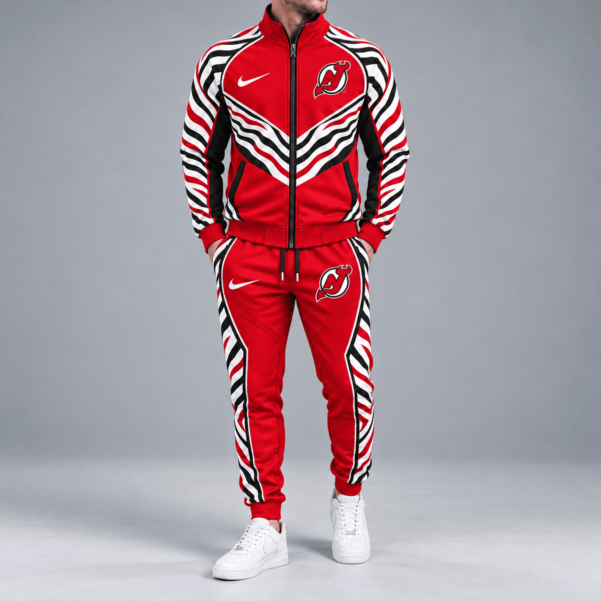 New Jersey Devils | Premium NHL Bold Zebra Stripe Full Zip Track Jacket and Matching Jogger Pants Set NDN cover