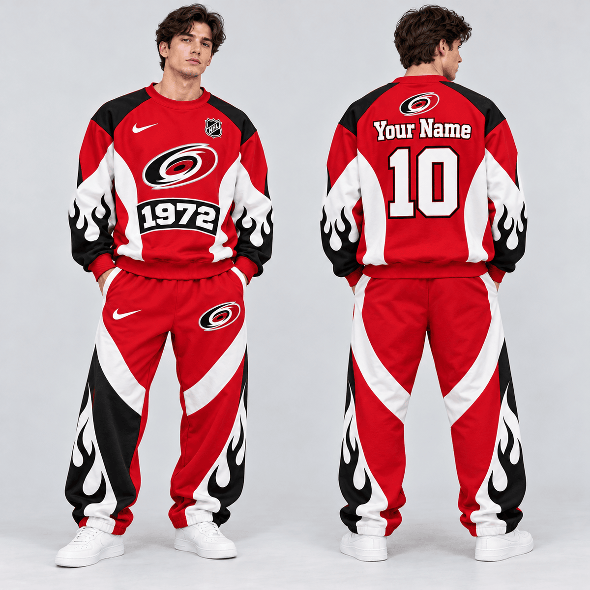 Carolina Hurricanes | Premium NHL Vintage Flame Graphic Crewneck Sweatshirt and Matching Relaxed Fit Sweatpants Set with Custom Name and Number NDN cover