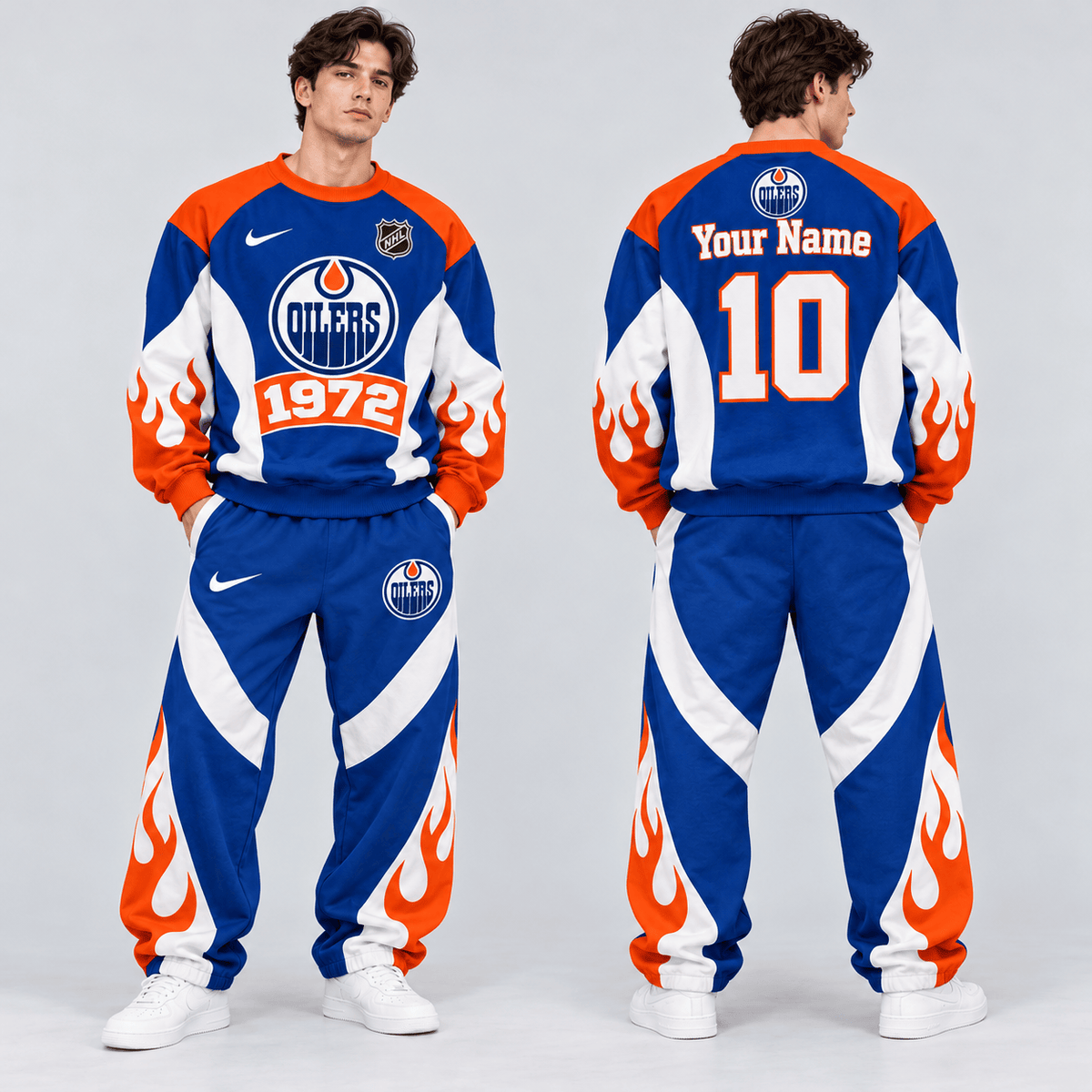 Edmonton Oilers | Premium NHL Vintage Flame Graphic Crewneck Sweatshirt and Matching Relaxed Fit Sweatpants Set with Custom Name and Number NDN cover