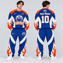 Edmonton Oilers | Premium NHL Vintage Flame Graphic Crewneck Sweatshirt and Matching Relaxed Fit Sweatpants Set with Custom Name and Number NDN cover
