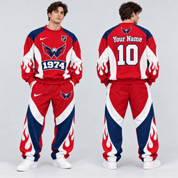 Washington Capitals | Premium NHL Vintage Flame Graphic Crewneck Sweatshirt and Matching Relaxed Fit Sweatpants Set with Custom Name and Number NDN cover