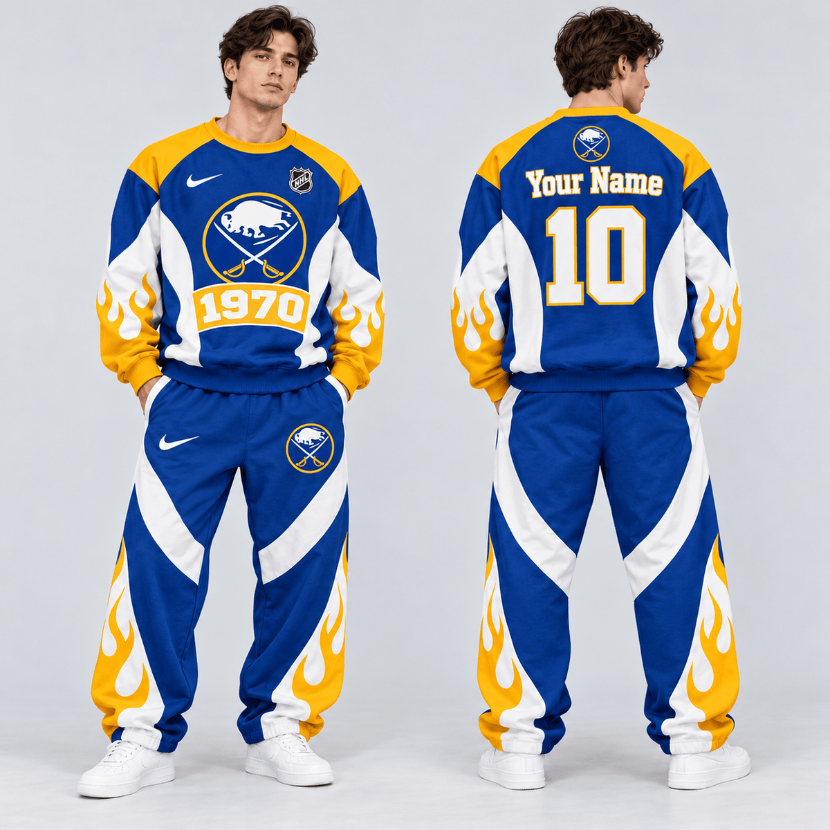 Buffalo Sabres | Premium NHL Vintage Flame Graphic Crewneck Sweatshirt and Matching Relaxed Fit Sweatpants Set with Custom Name and Number NDN cover