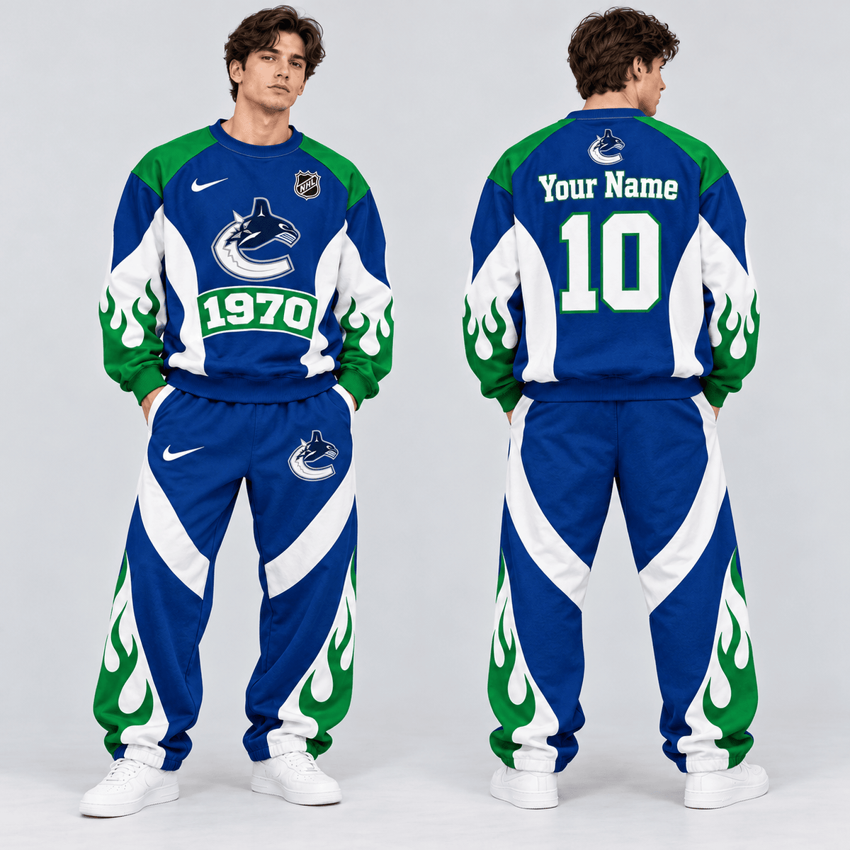 Vancouver Canucks | Premium NHL Vintage Flame Graphic Crewneck Sweatshirt and Matching Relaxed Fit Sweatpants Set with Custom Name and Number NDN cover