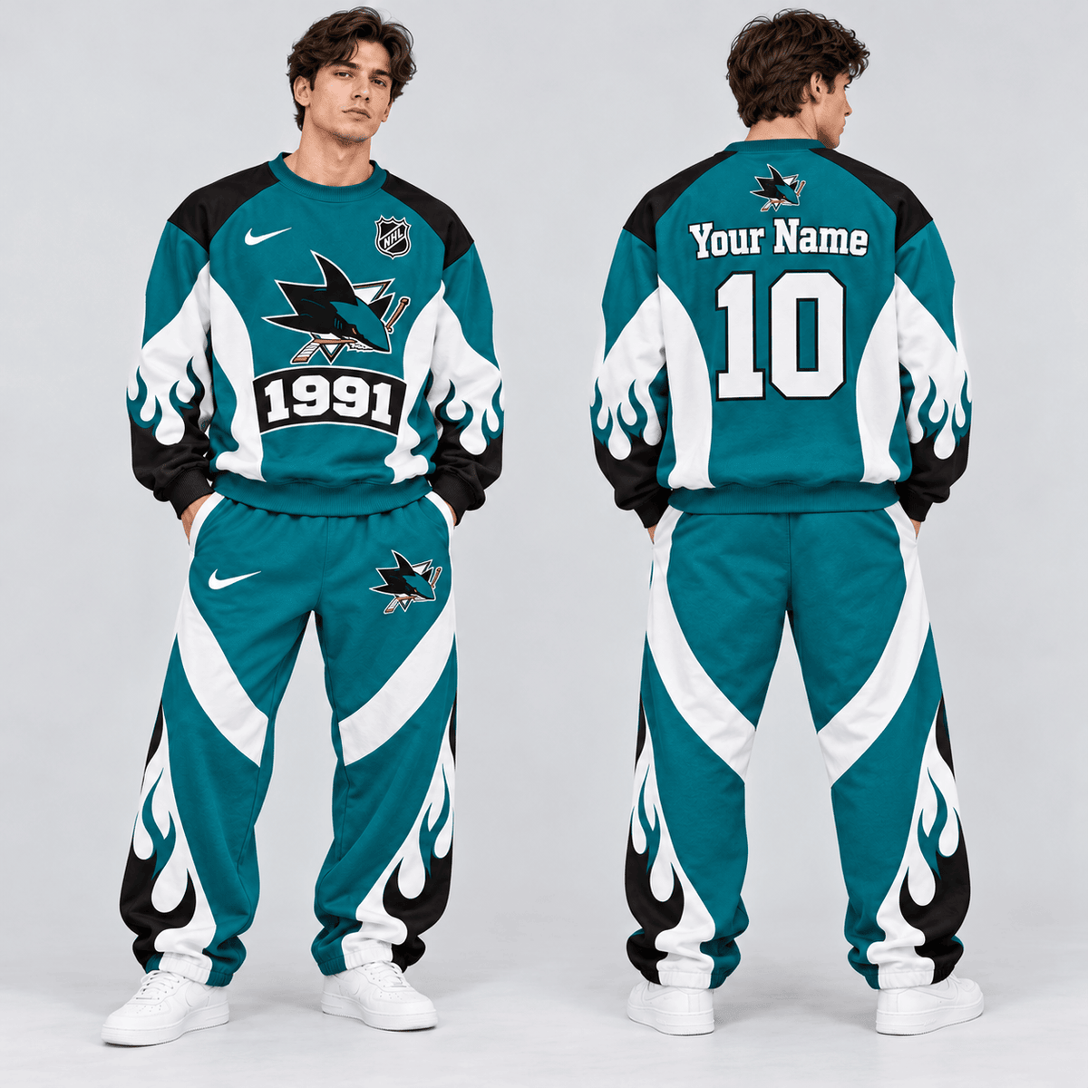 San Jose Sharks | Premium NHL Vintage Flame Graphic Crewneck Sweatshirt and Matching Relaxed Fit Sweatpants Set with Custom Name and Number NDN cover