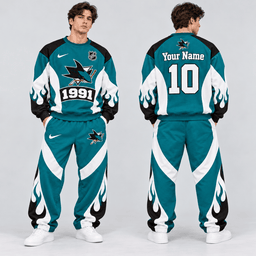 San Jose Sharks | Premium NHL Vintage Flame Graphic Crewneck Sweatshirt and Matching Relaxed Fit Sweatpants Set with Custom Name and Number NDN cover