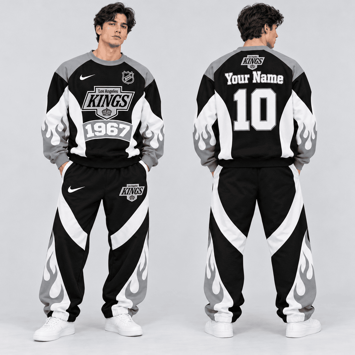 Los Angeles Kings | Premium NHL Vintage Flame Graphic Crewneck Sweatshirt and Matching Relaxed Fit Sweatpants Set with Custom Name and Number NDN cover