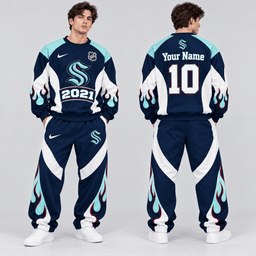 Seattle Kraken | Premium NHL Vintage Flame Graphic Crewneck Sweatshirt and Matching Relaxed Fit Sweatpants Set with Custom Name and Number NDN cover