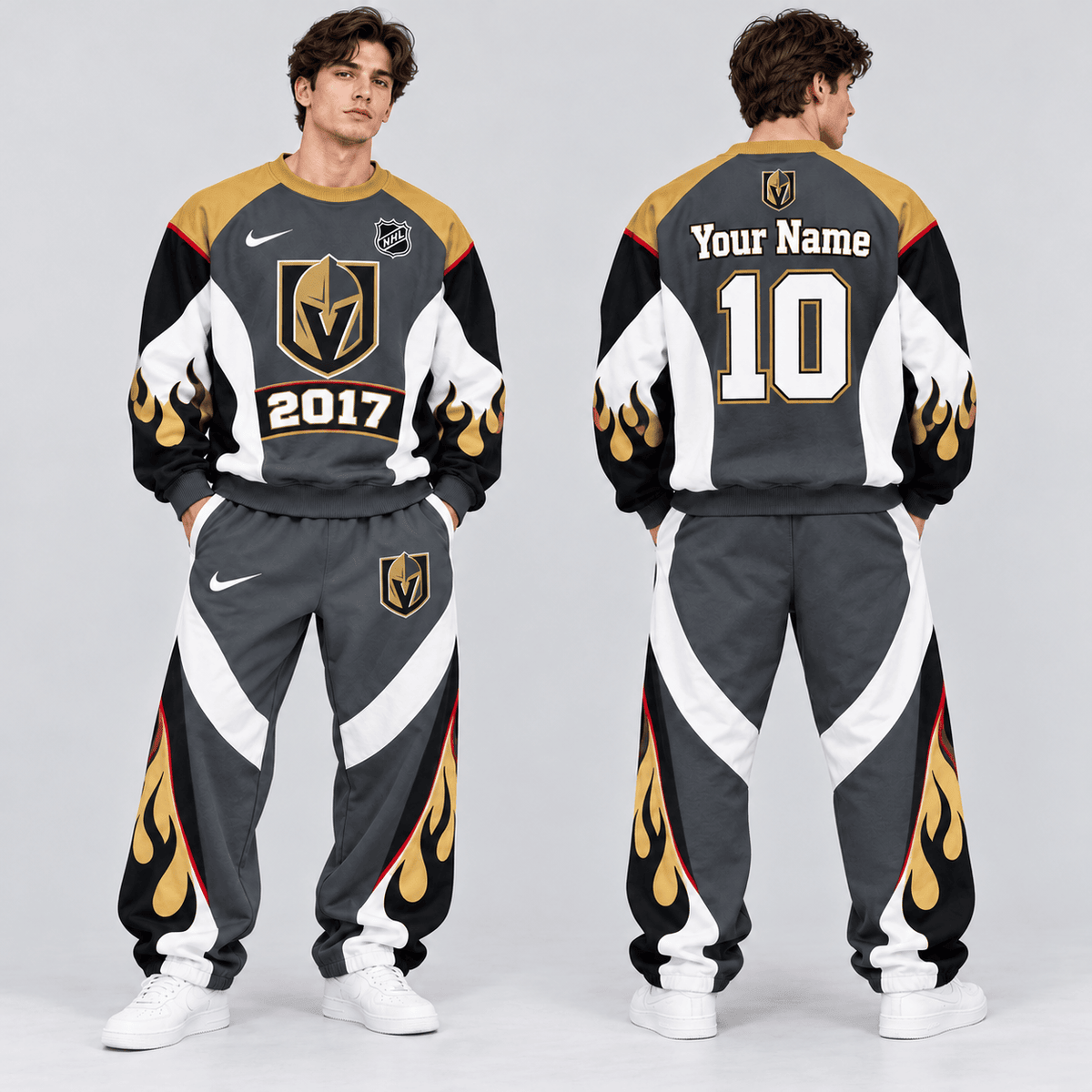 Vegas Golden Knights | Premium NHL Vintage Flame Graphic Crewneck Sweatshirt and Matching Relaxed Fit Sweatpants Set with Custom Name and Number NDN cover
