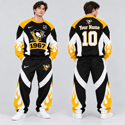 Pittsburgh Penguins | Premium NHL Vintage Flame Graphic Crewneck Sweatshirt and Matching Relaxed Fit Sweatpants Set with Custom Name and Number NDN cover