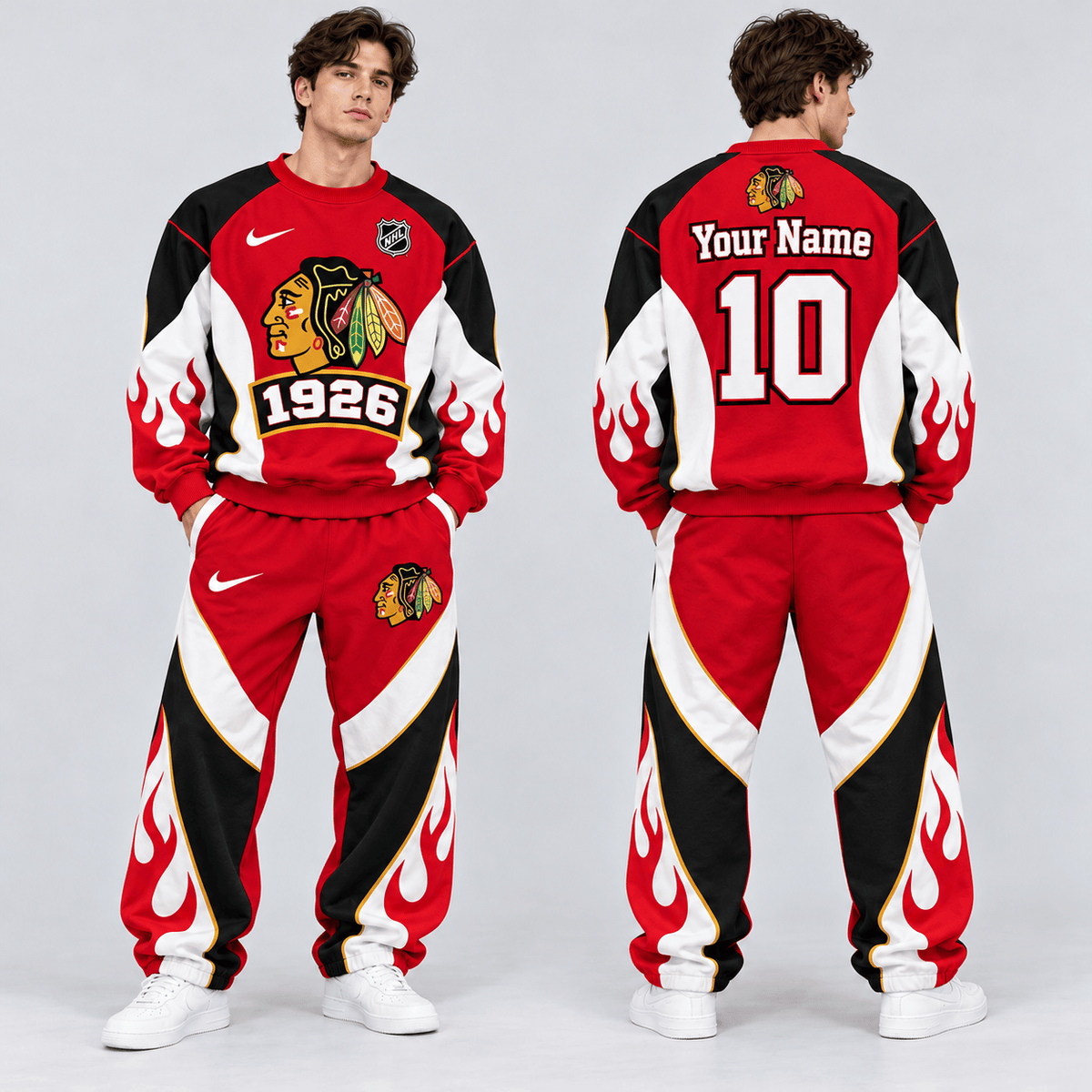 Detroit Red Wings | Premium NHL Vintage Flame Graphic Crewneck Sweatshirt and Matching Relaxed Fit Sweatpants Set with Custom Name and Number NDN cover