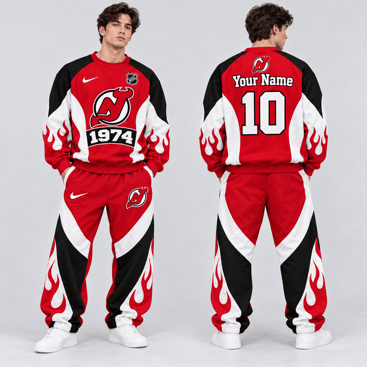 New Jersey Devils | Premium NHL Vintage Flame Graphic Crewneck Sweatshirt and Matching Relaxed Fit Sweatpants Set with Custom Name and Number NDN cover