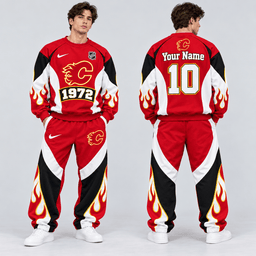 Calgary Flames | Premium NHL Vintage Flame Graphic Crewneck Sweatshirt and Matching Relaxed Fit Sweatpants Set with Custom Name and Number NDN cover