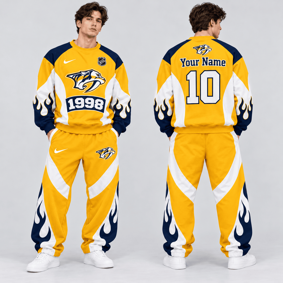 Nashville Predators | Premium NHL Vintage Flame Graphic Crewneck Sweatshirt and Matching Relaxed Fit Sweatpants Set with Custom Name and Number NDN cover
