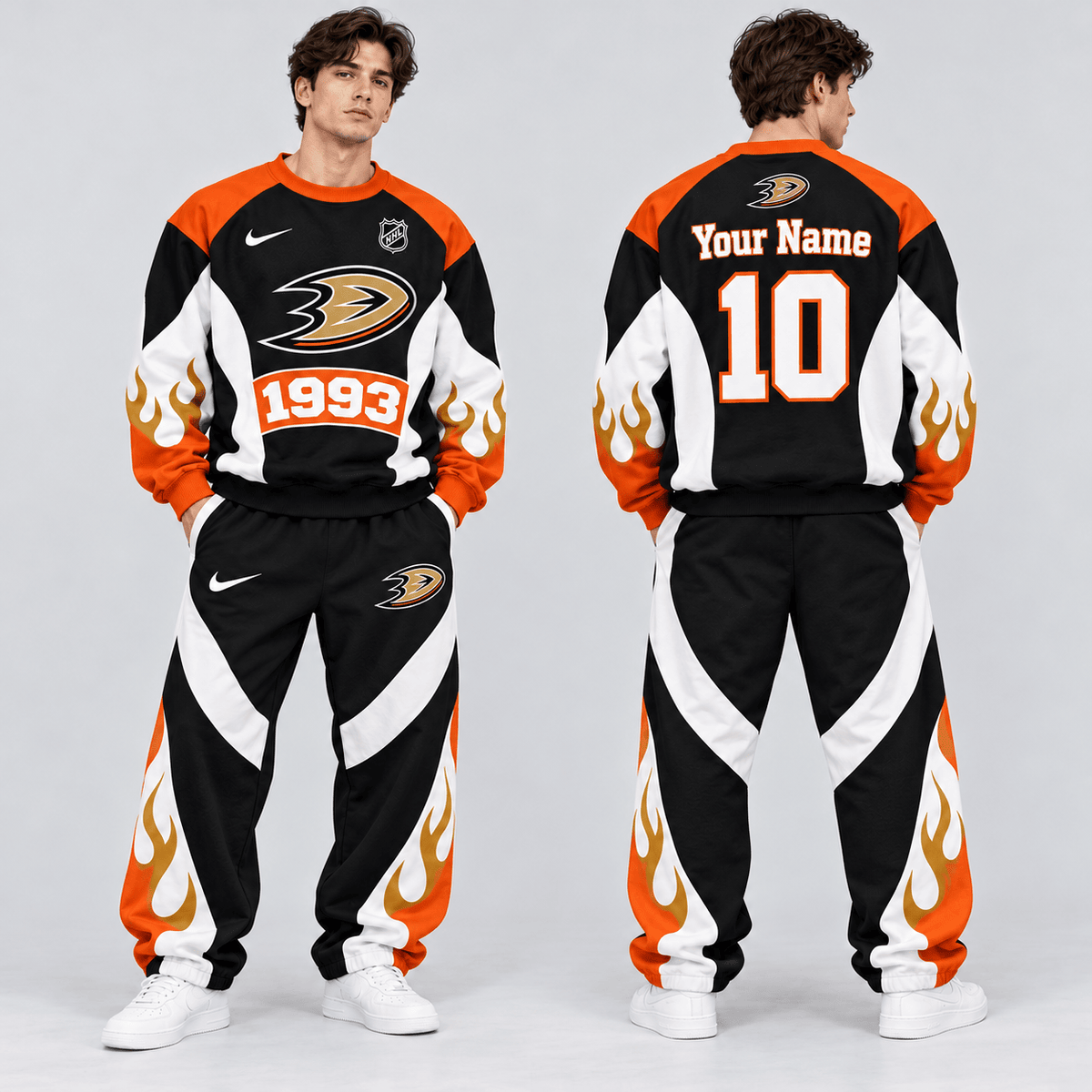 Anaheim Ducks | Premium NHL Vintage Flame Graphic Crewneck Sweatshirt and Matching Relaxed Fit Sweatpants Set with Custom Name and Number NDN cover