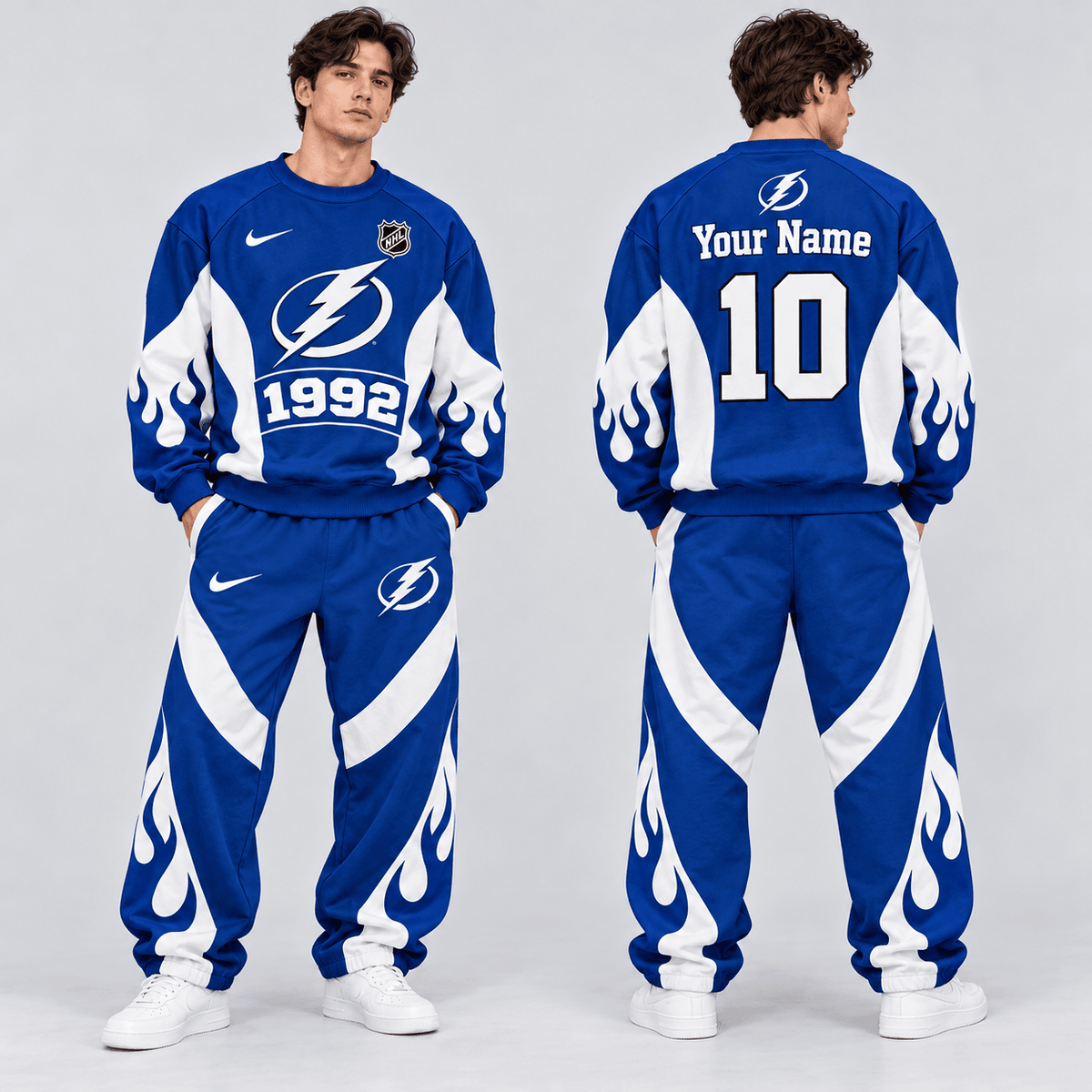Tampa Bay Lightning | Premium NHL Vintage Flame Graphic Crewneck Sweatshirt and Matching Relaxed Fit Sweatpants Set with Custom Name and Number NDN cover