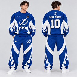 Tampa Bay Lightning | Premium NHL Vintage Flame Graphic Crewneck Sweatshirt and Matching Relaxed Fit Sweatpants Set with Custom Name and Number NDN cover