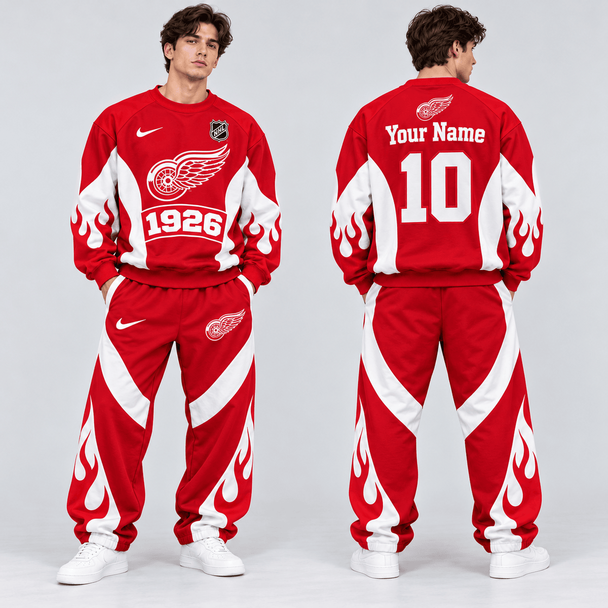 New York Rangers | Premium NHL Vintage Flame Graphic Crewneck Sweatshirt and Matching Relaxed Fit Sweatpants Set with Custom Name and Number NDN cover