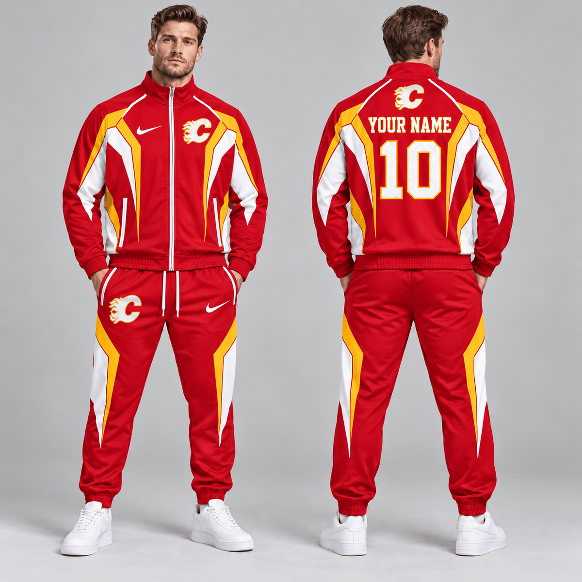 Calgary Flames | Premium NHL Elite Geometric Colorblock Full Zip Track Jacket and Matching Jogger Pants Set with Custom Name and Number NDN cover