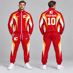 Calgary Flames | Premium NHL Elite Geometric Colorblock Full Zip Track Jacket and Matching Jogger Pants Set with Custom Name and Number NDN cover