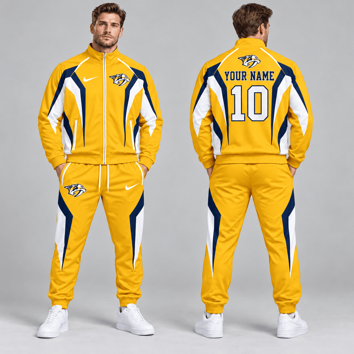 Nashville Predators | Premium NHL Elite Geometric Colorblock Full Zip Track Jacket and Matching Jogger Pants Set with Custom Name and Number NDN cover