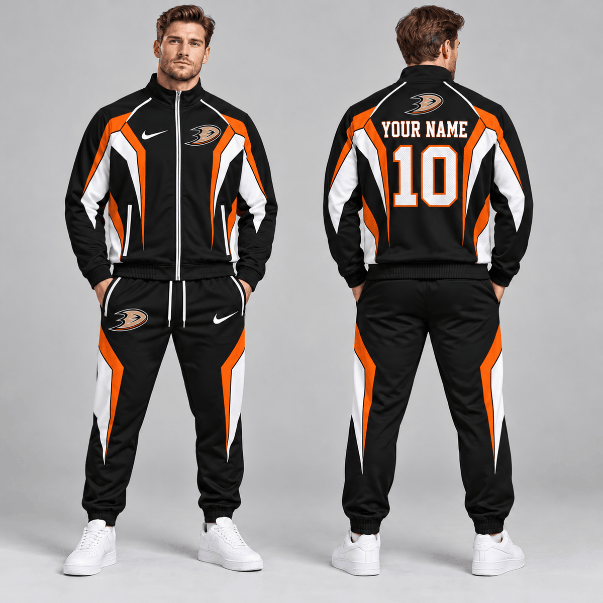 Anaheim Ducks | Premium NHL Elite Geometric Colorblock Full Zip Track Jacket and Matching Jogger Pants Set with Custom Name and Number NDN cover