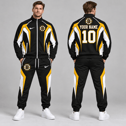 Boston Bruins | Premium NHL Elite Geometric Colorblock Full Zip Track Jacket and Matching Jogger Pants Set with Custom Name and Number NDN cover