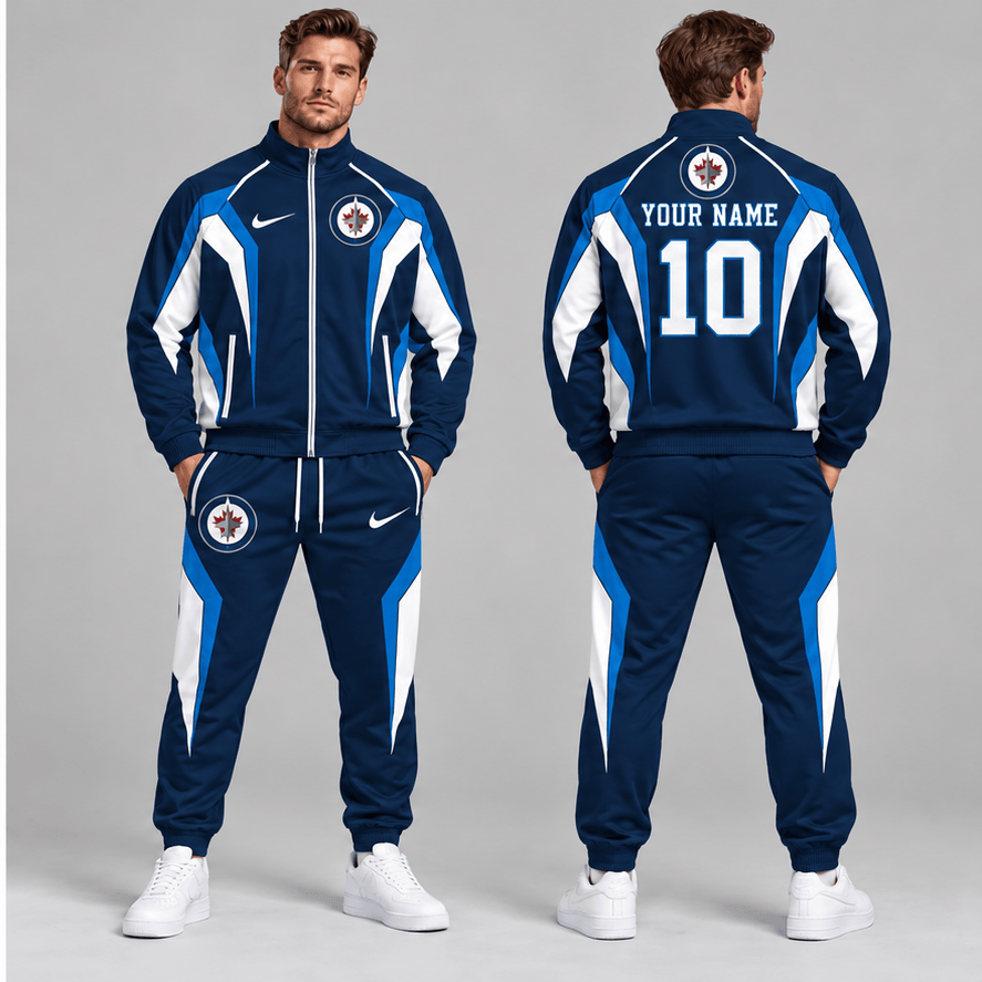 Winnipeg Jets | Premium NHL Elite Geometric Colorblock Full Zip Track Jacket and Matching Jogger Pants Set with Custom Name and Number NDN cover