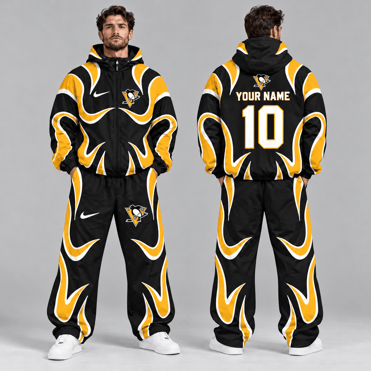 Vegas Golden Knights | Premium NHL Aero Wave Graphic Hooded Full Zip Windbreaker Jacket and Matching Wide Leg Track Pants Set with Custom Name and Number NDN cover