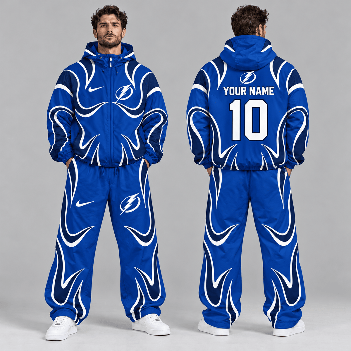 Tampa Bay Lightning | Premium NHL Aero Wave Graphic Hooded Full Zip Windbreaker Jacket and Matching Wide Leg Track Pants Set with Custom Name and Number NDN cover