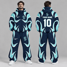 Seattle Kraken | Premium NHL Aero Wave Graphic Hooded Full Zip Windbreaker Jacket and Matching Wide Leg Track Pants Set with Custom Name and Number NDN cover