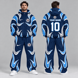 Columbus Blue Jackets | Premium NHL Aero Wave Graphic Hooded Full Zip Windbreaker Jacket and Matching Wide Leg Track Pants Set with Custom Name and Number NDN cover