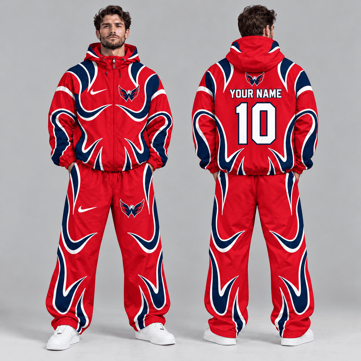 Washington Capitals | Premium NHL Aero Wave Graphic Hooded Full Zip Windbreaker Jacket and Matching Wide Leg Track Pants Set with Custom Name and Number NDN cover