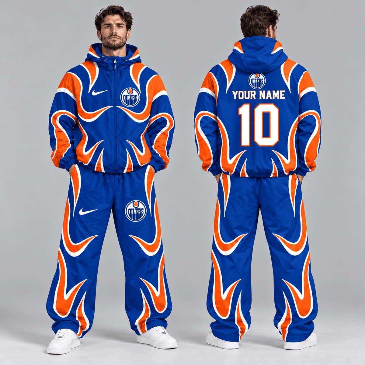 Edmonton Oilers | Premium NHL Aero Wave Graphic Hooded Full Zip Windbreaker Jacket and Matching Wide Leg Track Pants Set with Custom Name and Number NDN cover