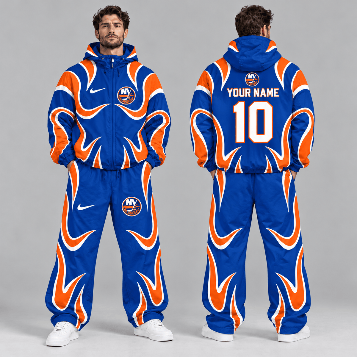 New York Islanders | Premium NHL Aero Wave Graphic Hooded Full Zip Windbreaker Jacket and Matching Wide Leg Track Pants Set with Custom Name and Number NDN cover