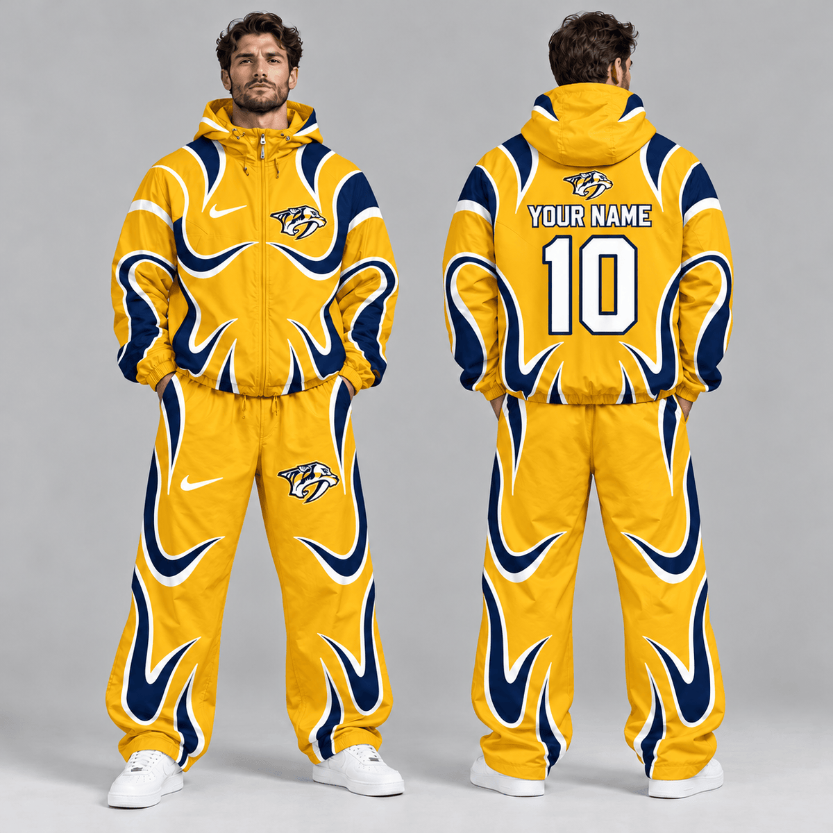 Nashville Predators | Premium NHL Aero Wave Graphic Hooded Full Zip Windbreaker Jacket and Matching Wide Leg Track Pants Set with Custom Name and Number NDN cover