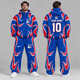 New York Rangers | Premium NHL Aero Wave Graphic Hooded Full Zip Windbreaker Jacket and Matching Wide Leg Track Pants Set with Custom Name and Number NDN cover